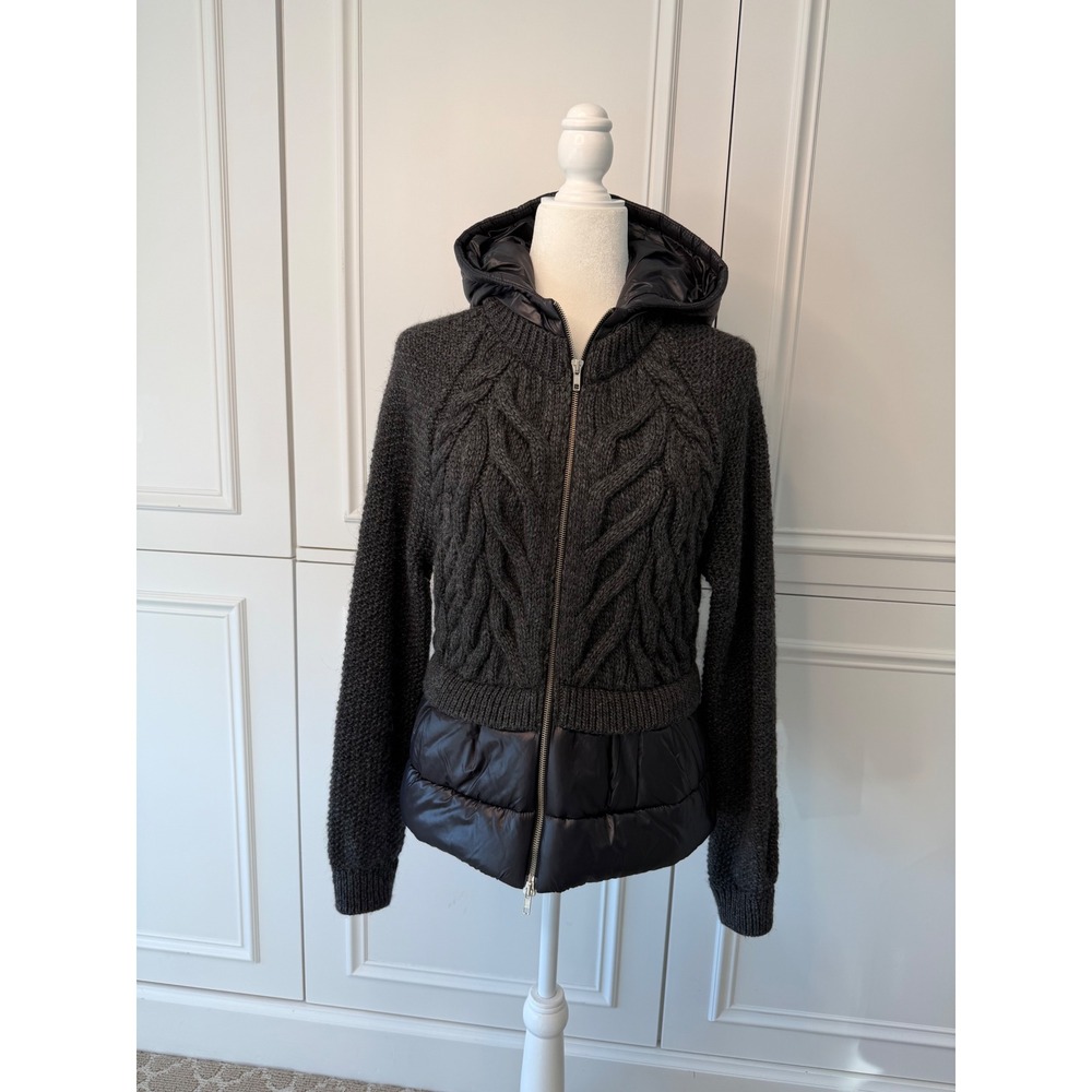 Anatomie Mixed Media Jacket Women S Gray Black Wool Cable Knit Puffer Excellent